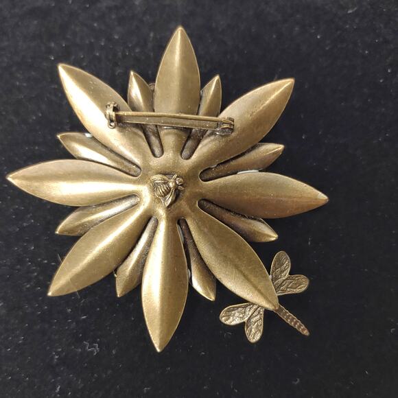 Floral & Dragonfly Brooch Enamel Encrusted Rhinestones Green Blue Flower Bee Pin - Picture 4 of 11